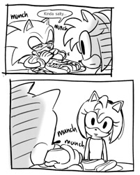 Size: 898x1117 | Tagged: safe, artist:_b_l_e_e_m_, amy rose, sonic the hedgehog, hedgehog, chili dog, comic, duo, eating, english text, eyes closed, female, food, greyscale, holding something, looking at them, male, monochrome, simple background, speech bubble, white background