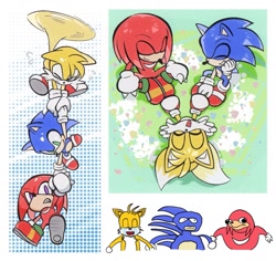 Size: 1549x1464 | Tagged: safe, artist:_b_l_e_e_m_, knuckles the echidna, miles "tails" prower, sonic the hedgehog, echidna, fox, hedgehog, carrying them, chibi, cute, eyes closed, flower, flying, grass, head rest, holding hands, male, meme, mouth open, sanic, sitting, smile, tails gets trolled, team sonic, trio