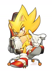 Size: 1000x1401 | Tagged: safe, artist:fsonic3, sonic the hedgehog, super sonic, hedgehog, 2025, legs crossed, lidded eyes, male, mouth open, open smile, pointing, simple background, sitting, smile, smiling at viewer, solo, super form, treads, white background