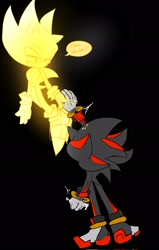 Size: 1300x2048 | Tagged: safe, artist:tamjeong_sonic, shadow the hedgehog, sonic the hedgehog, super sonic, 2025, arm up, black background, duo, english text, gay, holding hands, looking at them, shadow x sonic, shipping, simple background, speech bubble, standing, super form
