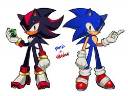 Size: 1414x1065 | Tagged: safe, artist:tamjeong_sonic, shadow the hedgehog, sonic the hedgehog, 2025, chaos emerald, character name, duo, frown, grin, holding something, looking at viewer, simple background, smile, standing, white background