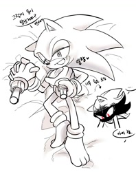 Size: 870x1101 | Tagged: suggestive, artist:tamjeong_sonic, shadow the hedgehog, sonic the hedgehog, duo, gay, greyscale, hand on another's chest, korean text, lidded eyes, lying back, lying down, monochrome, shadow x sonic, shipping, smile, speech bubble