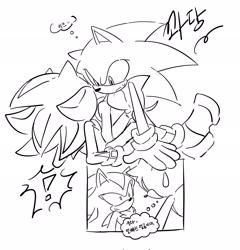Size: 1964x2048 | Tagged: safe, artist:tamjeong_sonic, shadow the hedgehog, sonic the hedgehog, 2025, comic, duo, gay, greyscale, korean text, looking at each other, looking at them, monochrome, shadow x sonic, shipping, simple background, sketch, thought bubble, white background