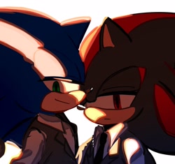 Size: 2048x1926 | Tagged: safe, artist:tamjeong_sonic, shadow the hedgehog, sonic the hedgehog, 2025, duo, fully clothed, gay, lidded eyes, looking at viewer, shadow x sonic, shipping, shirt, simple background, white background