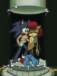 Size: 1500x2000 | Tagged: safe, artist:tracingpapier, sally acorn, sonic the hedgehog, chipmunk, hedgehog, 2023, alternate universe, comic, deroboticized, duo, female, holding them, male, sally x sonic, sally's vest and boots, shipping, straight