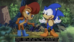 Size: 4096x2304 | Tagged: safe, artist:mistajonz, sally acorn, sonic the hedgehog, chipmunk, hedgehog, 2025, abc (tv channel), bag, carrying bag, classic sonic, dialogue, duo, english text, female, forest, male, sally x sonic, sally's vest and boots, shipping, sonic satam, straight, talking