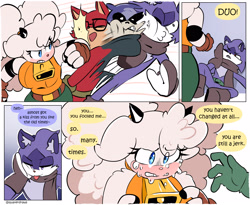 Size: 2538x2086 | Tagged: safe, artist:quaverdraws, lanolin the sheep, mimic the octopus, cat, sheep, wolf, 2025, comic, crying, dialogue, disguise, duo, duo the cat, english text, female, male, octopus, punching, realization, scarf, speech bubble, tears, tongue out