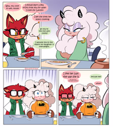 Size: 2289x2581 | Tagged: safe, artist:quaverdraws, gadget the wolf, lanolin the sheep, sheep, wolf, 2026, blushing, chair, clothes, comic, dialogue, dinner, drink, ear piercing, english text, food, gadget x lanolin, glasses, hand on another's shoulder, holding something, lanolin's mother, lemonade, piercing, plate, shipping, shirt, sitting, speech bubble, spoon, straight, table, trio, vest