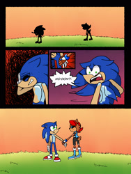 Size: 1536x2048 | Tagged: safe, artist:kittytale, sally acorn, sonic the hedgehog, hedgehog, 2026, comic, dialogue, duo, english text, evening, female, male, metal virus, robot, roboticized, sally x sonic, sally's ringblader outfit, shipping, speech bubble, straight