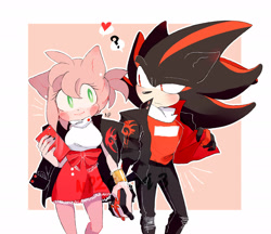 Size: 1920x1661 | Tagged: safe, artist:np200043, amy rose, shadow the hedgehog, hedgehog, 2019, amy x shadow, blushing, clothes, dress, duo, female, fully clothed, heart, holding hands, holding something, jacket, male, pants, phone, question mark, shipping, shirt, straight