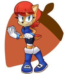 Size: 3571x4096 | Tagged: safe, artist:rumblebee7, nicole the handheld, sally acorn, chipmunk, 2020, acorn (symbol), female, holding something, looking at viewer, pose, sally's ringblader outfit, simple background, solo
