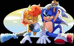 Size: 1600x1000 | Tagged: safe, artist:mercy203, sally acorn, sonic the hedgehog, oc, oc:eleonor sonia, chipmunk, hedgehog, 2020, child, daytime, family, female, happy, male, sally x sonic, shipping, straight, trio