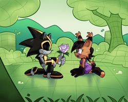 Size: 2048x1638 | Tagged: safe, artist:lou_lubally, nicole the hololynx, shard the metal, lynx, 2026, blushing, duo, female, flower, holding something, hololynx, looking at viewer, male, nicole's purple wraps, robot, shipping, sparkles, straight, tears, tears of happiness