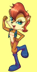 Size: 1222x2355 | Tagged: safe, artist:pencilforge, sally acorn, chipmunk, 2026, excited, female, looking at viewer, sally's vest and boots, simple background, solo, sonic satam, yellow background