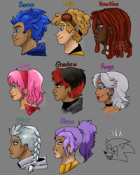 Size: 1080x1350 | Tagged: safe, artist:puparito251, amy rose, blaze the cat, knuckles the echidna, miles "tails" prower, rouge the bat, shadow the hedgehog, silver the hedgehog, sonic the hedgehog, human, 2024, alternate hairstyle, bandaid, bandaid over nose, braids, character name, dark skin, ear piercing, earring, eye clipping through hair, eyebrow clipping through hair, frown, goggles, grey background, group, head only, humanized, looking offscreen, scar, side view, signature, simple background, smile, species swap, tan skin, team sonic, text, vitiligo