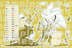 Size: 1200x812 | Tagged: safe, artist:34_6, mephiles the dark, silver the hedgehog, 2024, duo, holding something, lidded eyes, looking at them, monochrome, obtrusive watermark, simple background, sitting, smile, star (symbol), tanabata, watermark, yellow background