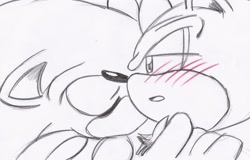 Size: 2247x1442 | Tagged: safe, artist:sonikkushadowpearl, shadow the hedgehog, sonic the hedgehog, 2011, blushing, close-up, duo, eyes closed, gay, kiss, kiss on cheek, lidded eyes, line art, monochrome, mouth open, shadow x sonic, shipping, simple background, spot color, white background