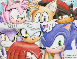 Size: 800x619 | Tagged: safe, artist:ine-rocks, amy rose, blaze the cat, knuckles the echidna, miles "tails" prower, shadow the hedgehog, silver the hedgehog, sonic the hedgehog, ..., 2009, cross popping vein, frown, group, looking at them, looking at viewer, selfie, signature, smile, thumbs up, v sign
