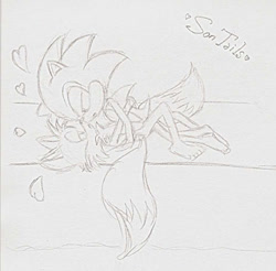 Size: 371x365 | Tagged: suggestive, artist:ine-rocks, miles "tails" prower, sonic the hedgehog, 2009, age difference, barefoot, duo, grey background, heart, humanoid feet, lidded eyes, line art, looking at each other, monochrome, mouth open, needs more jpeg, ship name, shipping, signature, simple background, sonic x tails, text