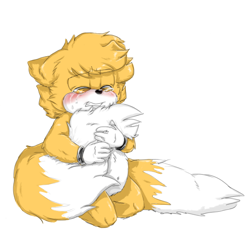 Size: 600x600 | Tagged: safe, artist:candicindy, skye prower, fox, 2015, aged up, blushing, clenched teeth, crying, eye clipping through hair, eyes closed, floppy ears, fluffy, hugging tail, kneeling, sad, simple background, solo, tears, tears of sadness, two tails, white background