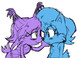 Size: 578x440 | Tagged: safe, artist:yeet111111, nicole the hololynx, sally acorn, bending over, duo, eye clipping through hair, flat colors, hand on another's face, lesbian, looking at each other, monochrome, nicole x sally, shipping, simple background, sketch, smile, white background