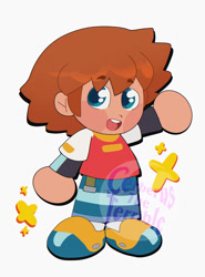 Size: 1514x2048 | Tagged: safe, artist:cerberustheterrible, chris thorndyke, human, 2026, blushing, chibi, chrisabetes, cute, looking at viewer, obtrusive watermark, signature, simple background, smile, smiling at viewer, solo, sparkles, standing, watermark, waving, white background