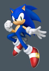 Size: 1423x2048 | Tagged: safe, artist:rainsyart, editor:rainsyart, sonic the hedgehog, 2025, 3d, edit, grey background, signature, simple background, smile, solo, sonic racing crossworlds