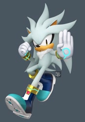 Size: 1423x2048 | Tagged: safe, artist:rainsyart, editor:rainsyart, silver the hedgehog, 2025, 3d, clenched teeth, edit, grey background, looking at viewer, signature, simple background, solo, sonic racing crossworlds, treads