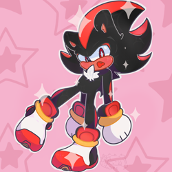 Size: 2048x2048 | Tagged: safe, artist:strawberricups, shadow the hedgehog, 2022, cute, looking at viewer, mouth open, one fang, outline, shadowbetes, solo, sparkles, standing, standing on one leg, star (symbol)