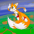 Size: 4000x4000 | Tagged: safe, artist:tyuleninsfd, miles "tails" prower, 2021, :>, abstract background, clenched fist, clouds, grass, looking offscreen, looking up, mid-air, outdoors, palm tree, scenery, smile, solo