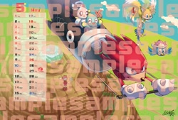 Size: 1200x812 | Tagged: safe, artist:totraodon413, amy rose, flicky, knuckles the echidna, miles "tails" prower, sonic the hedgehog, bird, chao, series:sonic fan calendar 2025, 2024, carrying them, children's day, clouds, dark chao, daytime, eyes closed, flying, gliding, group, hero chao, holding hands, literal animal, master emerald, master emerald shrine, mouth open, neutral chao, obtrusive watermark, outdoors, smile, watermark