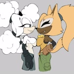 Size: 1500x1500 | Tagged: safe, artist:cakesington, lanolin the sheep, whisper the wolf, breasts are touching, duo, duo female, female, grey background, looking at them, outfit swap, side view, simple background, smile