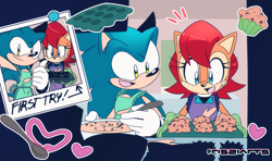 Size: 1802x1069 | Tagged: safe, artist:risziarts, sally acorn, sonic the hedgehog, chipmunk, hedgehog, 2026, baking, cooking, duo, english text, female, food, heart, holding something, male, muffin, photo, sally x sonic, sally's ringblader outfit, selfie, shipping, spoon, straight, thumbs up