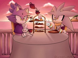 Size: 2048x1536 | Tagged: safe, artist:featherbreeze1, artist:green_0519, blaze the cat, marine the raccoon, silver the hedgehog, cat, hedgehog, raccoon, 2026, alternate outfit, cake, chair, coconut, cup, cupcake, drink, duo focus, evening, female, food, fruit, island, male, palm tree, plate, ship, shipping, silvaze, sitting, smile, straight, strawberry, table, tea, telekinesis, trio, vehicle