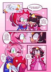 Size: 3508x4961 | Tagged: safe, artist:klaart96, artist:klaudiapasqui, amy rose, shadow the hedgehog, hedgehog, 2026, alternate outfit, amy x shadow, clothes, comic, crossdressing, crown, dialogue, dress, duo, english text, female, heart, male, shipping, sparkles, speech bubble, straight