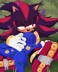 Size: 1638x2047 | Tagged: safe, artist:cawffeejelly, shadow the hedgehog, sonic the hedgehog, 2026, cuddling, duo, ear fluff, flower, gay, grass, lavender, shadow x sonic, shipping, valentine's day