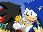 Size: 632x472 | Tagged: safe, shadow the hedgehog, sonic the hedgehog, sonic x, daytime, duo, edit, editor needed, gay, holding each other, looking at each other, outdoors, shadow x sonic, shipping, smile, standing
