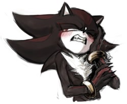 Size: 1165x952 | Tagged: safe, artist:uncledenein, shadow the hedgehog, 2026, blushing, claws, clenched teeth, gloves off, hand on face, lidded eyes, looking offscreen, one eye closed, simple background, solo, white background