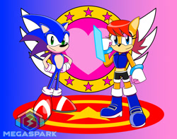 Size: 1504x1188 | Tagged: safe, artist:sparky-x5, sally acorn, sonic the hedgehog, chipmunk, hedgehog, 2026, duo, female, heart, looking at viewer, male, sally x sonic, sally's ringblader outfit, shipping, straight, valentine's day