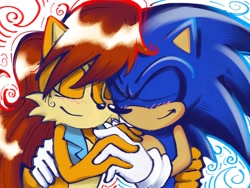 Size: 1024x768 | Tagged: safe, artist:zennx_23, artist:zstarx, sally acorn, sonic the hedgehog, chipmunk, hedgehog, 2026, abstract background, blushing, duo, eyes closed, female, male, sally x sonic, sally's vest and boots, shipping, smile, straight, valentine's day