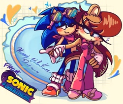 Size: 1419x1190 | Tagged: safe, artist:bluestreakcomic, sally acorn, sonic the hedgehog, chipmunk, hedgehog, 2026, abstract background, alternate universe, au:sonic bluestreak, blushing, clothes, duo, english text, female, glasses, heart, male, sally x sonic, scarf, shipping, straight, valentine's day