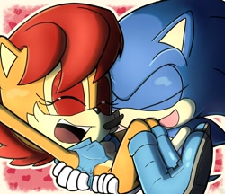 Size: 2200x1900 | Tagged: safe, artist:astromer_art, sally acorn, sonic the hedgehog, chipmunk, hedgehog, 2026, carrying them, duo, female, happy, heart, male, sally x sonic, sally's vest and boots, shipping, straight, valentine's day