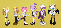 Size: 800x368 | Tagged: safe, artist:ni-qu, amy rose, blaze the cat, rouge the bat, tikal, wave the swallow, school uniform