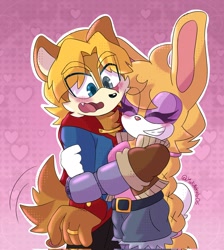 Size: 1836x2048 | Tagged: safe, artist:yukineru06, antoine d'coolette, bunnie rabbot, coyote, rabbit, 2026, blushing, buntoine, clothes, duo, fully clothed, heart, hugging, jacket, pants, ponytail, roboticized, shipping, shorts, straight, uniform, valentine's day