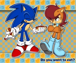 Size: 2048x1676 | Tagged: safe, artist:pensforpenc1ls, sally acorn, sonic the hedgehog, chipmunk, hedgehog, 2026, abstract background, chili dog, dialogue, duo, eating, english text, female, food, holding something, hot dog, male, offering, redraw, sally x sonic, sally's vest and boots, shipping, straight