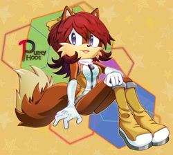 Size: 2258x2025 | Tagged: safe, artist:puntyhoot, fiona fox, fox, 2026, abstract background, artist name, bowtie, female, fiona's jumpsuit, looking at viewer, sitting, solo, star