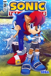 Size: 2731x4096 | Tagged: safe, artist:mistajonz, sally acorn, sonic the hedgehog, chipmunk, hedgehog, 2022, alternate version, cover art, duo, english text, fan cover art, female, looking at viewer, male, nature, pose, sally's ringblader outfit, sega logo, sonic the hedgehog (idw)