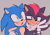 Size: 918x650 | Tagged: safe, artist:sonikku32, shadow the hedgehog, sonic the hedgehog, sonic prime, 2024, arm around shoulders, duo, flat colors, frown, gay, grey background, looking offscreen, redraw, shadow x sonic, shipping, simple background, smile, v sign