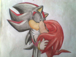 Size: 640x480 | Tagged: safe, artist:sisters-doom, knuckles the echidna, shadow the hedgehog, 2011, blushing, duo, eyes closed, gay, holding each other, kiss, knuxadow, pencilwork, shipping, simple background, standing, traditional media