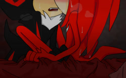Size: 469x289 | Tagged: suggestive, artist:darkgwd, knuckles the echidna, shadow the hedgehog, 2011, all fours, bed, blushing, duo, gay, gloves off, knuxadow, mouth open, panting, shipping, sitting, sweat, sweatdrop